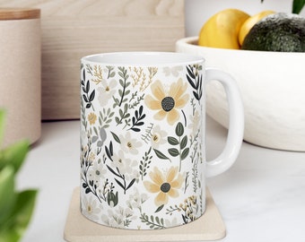 Neutral Floral Coffee Mug, Modern Organic Style, Ceramic 11oz