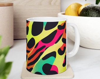 Abstract Neon Coffee Mug, Colorful Ceramic Mug, 11oz