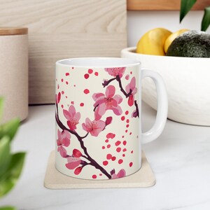 Cherry Blossom Tree Mug, Japanese Pink Sakura Ceramic Coffee Mug, 11oz