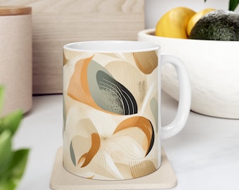 Organic Modern Ceramic Coffee Mug, Neutral Abstract Design, 11oz