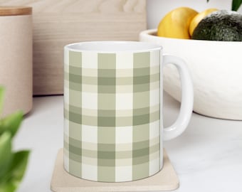Sage Green Checkered Coffee Mug, Modern Farmhouse Decor