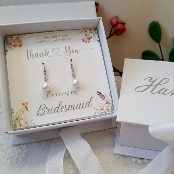 Elegant Personalised Bridesmaid Jewellery Gift Set for Bridesmaid Gifts for Her Silver Pearl Drop Earrings for Wedding Earrings for Bride