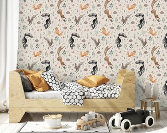 Kinderbehang - OP ELKE MAAT - bosdieren voor kinderen: vos, wasbeer, haas, eekhoorn, egel - vinyl canva (ecru achtergrond)