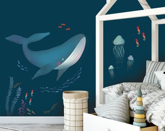 Kinderen Muursticker - de walvis in de oceaan - muursticker voor kinderkamer - transparante achtergrond - veel elementen