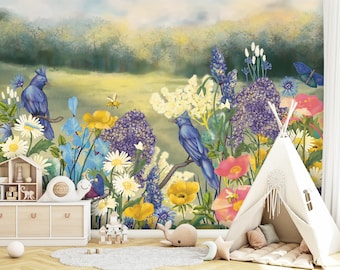 Papel pintado infantil autoadhesivo - EN CUALQUIER TAMAÑO - flores de colores con pájaros y mariposas