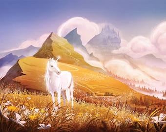 Children Wallpaper - ON ANY SIZE - unicorn in the mountains, castle in the clouds
