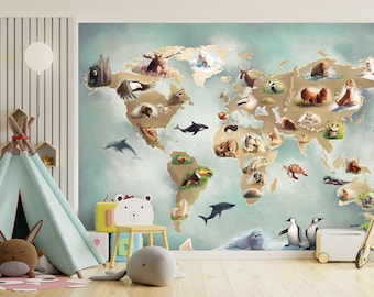 Kinderbehang - ON ELKE FORMAAT - wereldkaart voor kinderen met dieren