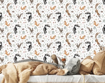 Children's Wallpaper - ON ANY SIZE - forest animals for kids: fox, raccoon, hare, squirrel, hedgehog (white background)