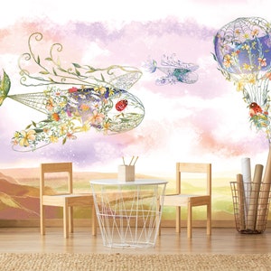 Children Wallpaper - ON ANY SIZE - hot air balloon and planes made of flowers