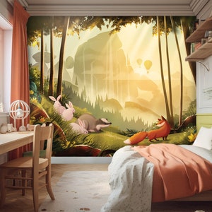 Carta da parati per bambini - DI QUALSIASI DIMENSIONE - foresta con animali, montagne sullo sfondo, palloncini nel cielo