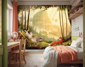 Children Wallpaper - ON ANY SIZE - forest with animals, mountains in the background, baloons on the sky