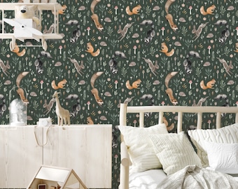 Papier peint pour enfants - SUR N’IMPORTE QUELLE TAILLE - animaux forestiers pour enfants: renard, raton laveur, lièvre, écureuil, hérisson (fond vert)