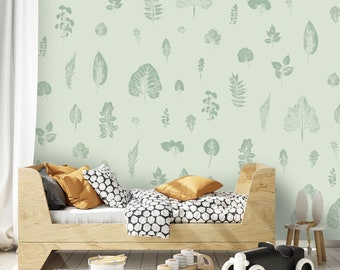 Children's Wallpaper - ON ANY SIZE - painting prints of leaves and grasses in the scale of 1:1 - vinyl canva material
