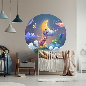 Décalcomanie murale pour enfants - un garçon avec un éléphant peint la lune - autocollant mural pour chambre d’enfants