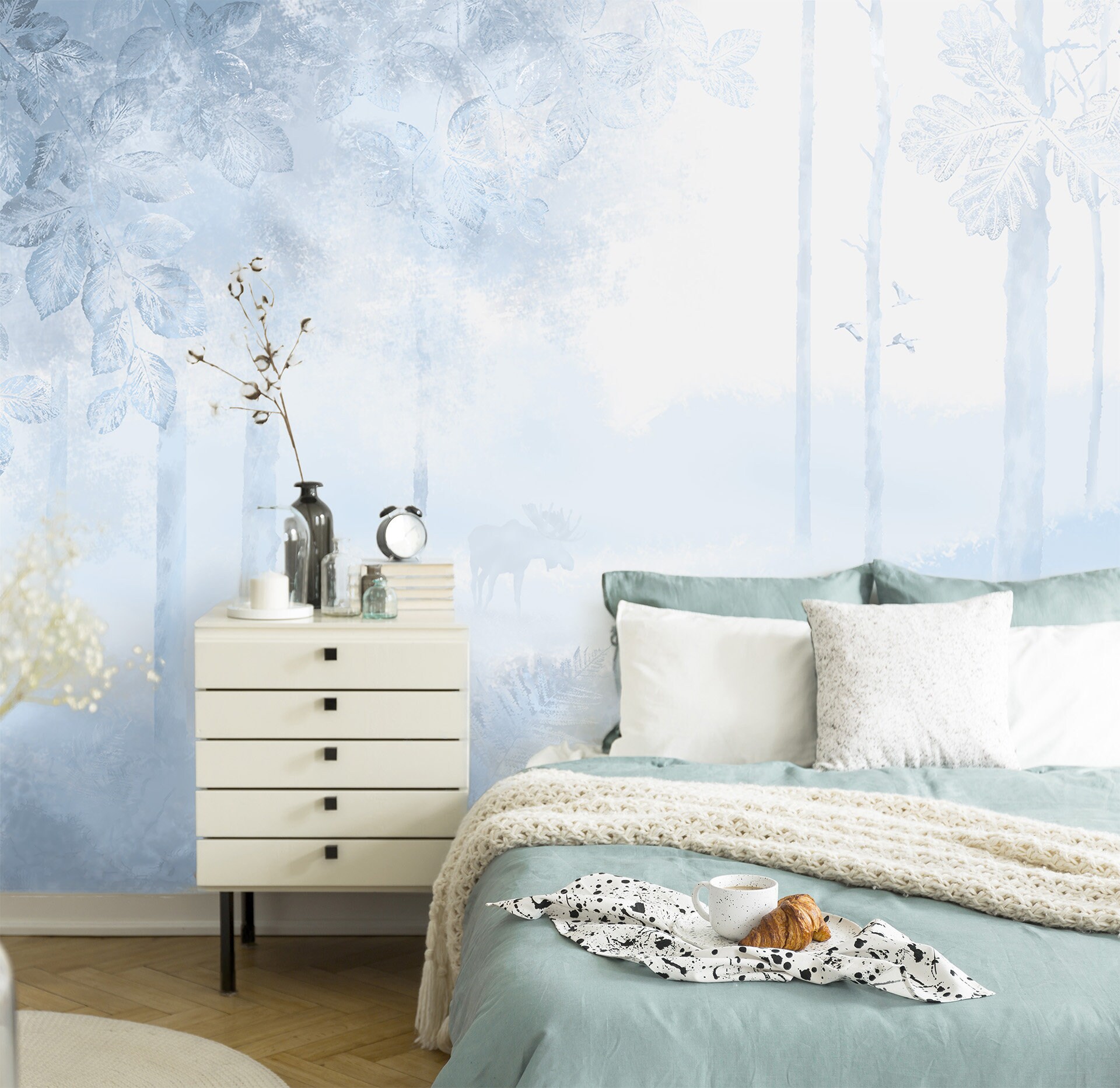 Wall Mural - ON ANY SIZE - moose in a misty forest (in blue) for the bedroom