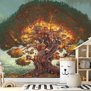 Papier peint pour enfants - TOUTES LES DIMENSIONS - arbre magique avec maisons de fées (en vert)