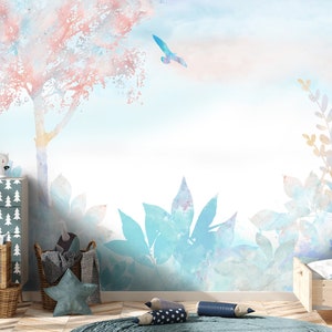 Children Wallpaper - ON ANY SIZE - watercolor turquoise plants