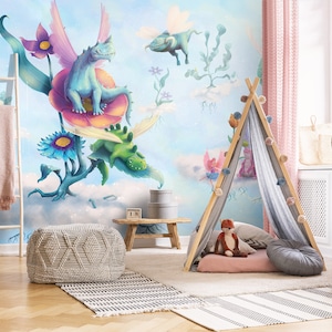 Children Wallpaper - ON ANY SIZE - friendly dragons with a fairy in the clouds (soft wings)