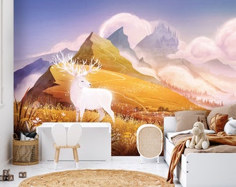 Children Wallpaper - ON ANY SIZE - deer in the mountains, castle in the clouds