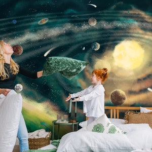 Carta da parati per bambini - DI QUALSIASI DIMENSIONE - il sistema solare con astronave, costellazioni stellari, pianeti, cintura di asteroidi