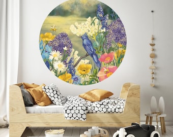 Children Wall decal - colorful flowers with bird - round wall sticker for kids room