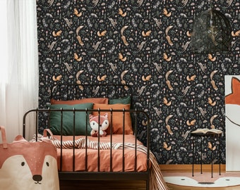 Papier peint pour enfants - SUR N’IMPORTE QUELLE TAILLE - animaux forestiers pour enfants: renard, raton laveur, lièvre, écureuil, hérisson (fond noir) - matériau non tissé