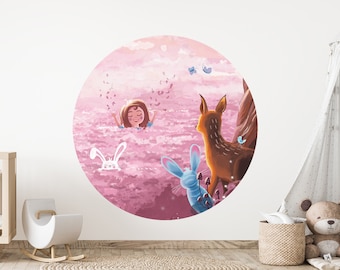 Children Wall decal - joyful girl playing in the pink flower meadow - wall sticker for kids room