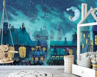 Children Wallpaper - ON ANY SIZE - starry night (with zodiac) over the city - interlining wallpaper