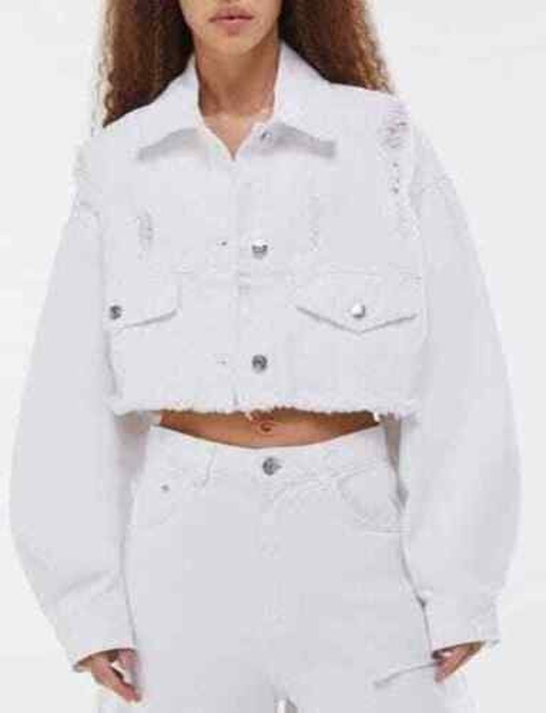 RISEN Button Down Puff Sleeve Crop Denim Shirt