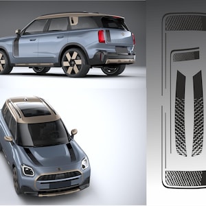 May include: A light blue SUV with a tan roof and accents is shown from multiple angles. The vehicle has a modern design with unique wheel rims. A separate graphic shows black and gray patterned decals.