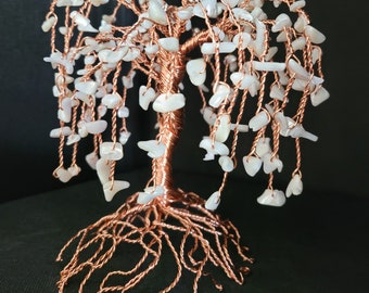 Copper Weeping Willow Wire Tree Sculpture, Cream Quartz Crystals, Bonsai, Wire Sculpture Art, Unique Decor Objects, Gift