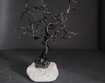 Black Wire Tree Sculpture, Bonsai, Natural Stone, Wire Sculpture Art, Unique Décor Objects, Birthday Christmas or Anniversary Gift