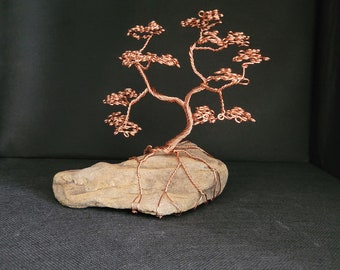 Copper Wire Tree Sculpture, Bonsai, Natural Stone, Wire Sculpture Art, Unique Decor Objects, Birthday or Anniversary Gift