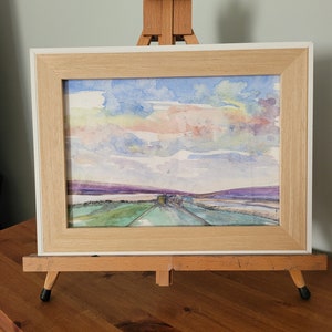 Original framed watercolour, fields and sky.