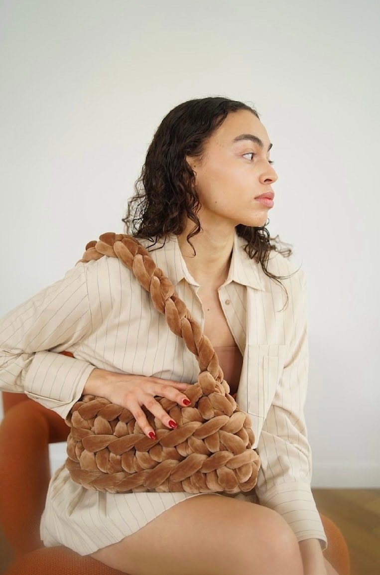 Velvet Crochet Bag Chunky Yarn Bag Spring Soft Knit Bag Cozy Chunky