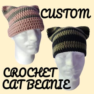 Custom Crocheted Cat Ear Beanie – Made to Order, Choose Your Colors, Kawaii Kitty Hat, Handmade Cosplay Beanie, Cute Crochet Hat