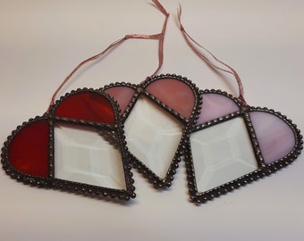 3 Hearts, Stained Glass Heart Ornaments, Red, Dusty Pink and Pink and White Bevel Stained Glass Hearts, Vintage and Antique Look