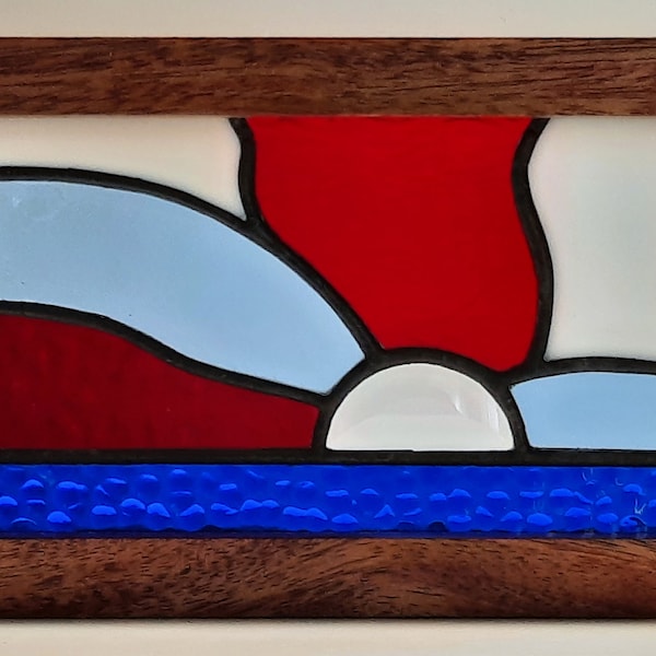 Mahogany Framed Stained Glass , Red, White Blue, Sunshine Stained Glass, Handmade