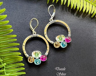 Boucles d'oreilles arc-en-ciel vintage en cristal, boucles d'oreilles pendantes en argent, boucles d'oreilles gitane en argent, bijoux bohèmes, boucles d'oreilles bohèmes, boucles d'oreilles pendantes cercle