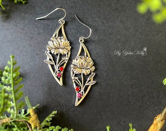 Pendientes colgantes con flores de plata, pendientes vintage de plata, pendientes bohemios con flores de plata, pendientes de plata hechos a mano, joyas vintage con flores.