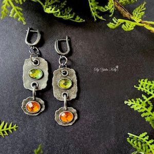 Green Crystal Drop Earrings, Tribal Orange Stone  Earrings, Artificial Colorful Earrings, Green Handmade Earrings, Orange Boho Jewelry