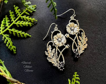 Pendientes colgantes con flores de plata, pendientes vintage de plata, pendientes bohemios con flores de plata, pendientes de plata hechos a mano, joyas vintage con flores.