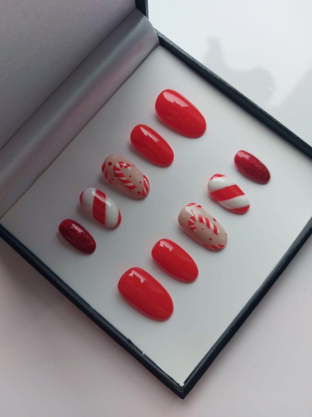 Candy Cane Red Christmas Sparkle Luxury Hand Painted Press on