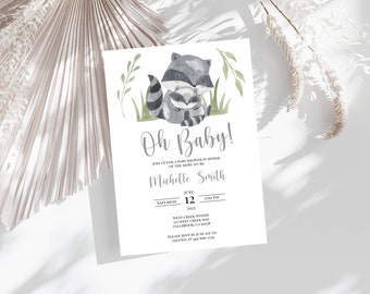 Baby Shower Invitation Template, Raccoon, Woodland Themed, Invite, Printable, INSTANT Download, Electronic, Digital