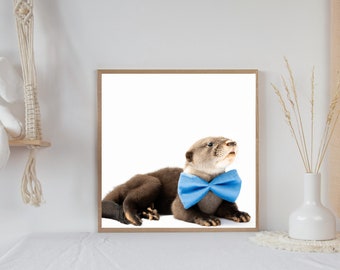 Adorable Otter Printable Wall Art, Baby Otter, Otter with Big Blue Bowtie, Nursery, Printable Art, Digital Download