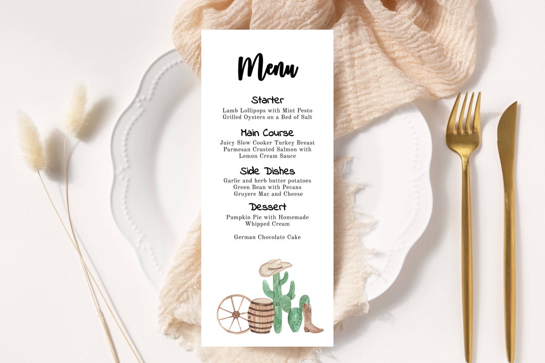 Western Party Menu Template, Printable, Try Before You Buy, DIY, Cowboy