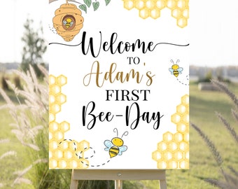 Birthday Party Sign Template, Bee-Day Party, Bee Theme, Honeybee, First Birthday, Turning One, Printable, INSTANT Download, Editable