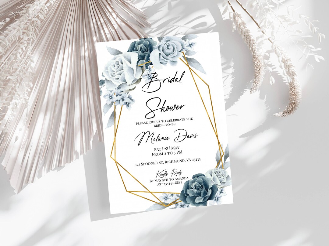 Dusty Blue Bridal Shower Invitation Template, Printable, Floral, Summer ...
