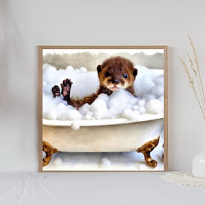 Baby Otter Printable Wall Art, Baby Otter Taking a Bubble Bath, Bathroom Print, Kid&#39;s Bathroom, Printable Art, Digital Download