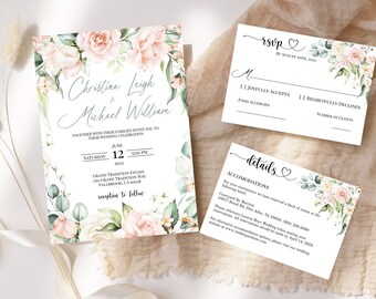 Hochzeitseinladung Vorlage Bundle, Invite, RSVP Karte, Details/Unterkunft Karte, bedruckbar, Blush, Salbeigrün, Gold, SOFORTIGER Download